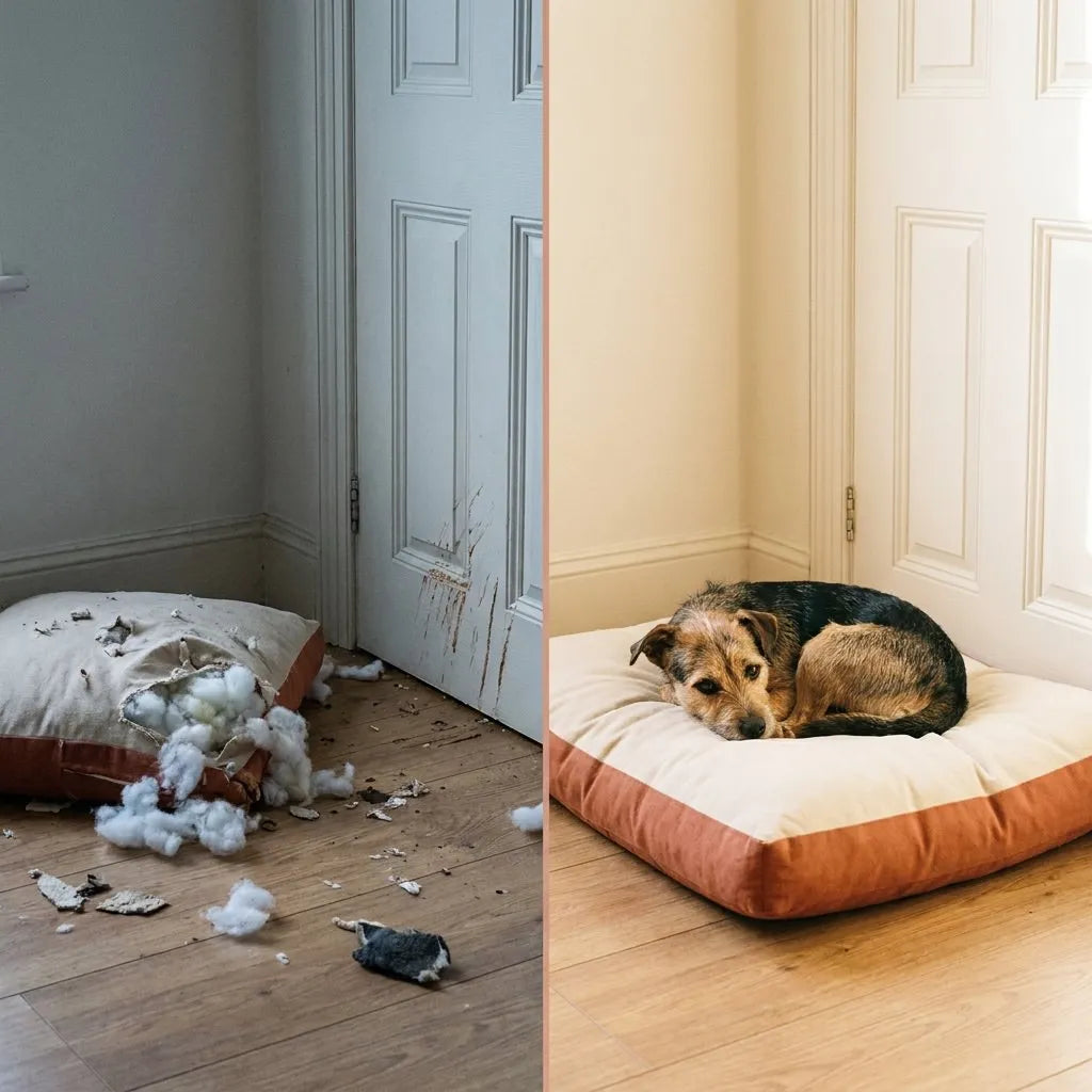 Antes y después: salón con destrozos frente a perro relajado