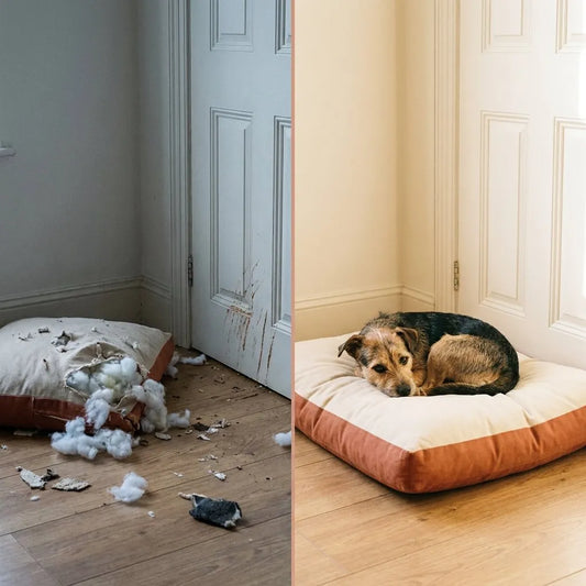 Antes y después: salón con destrozos frente a perro relajado